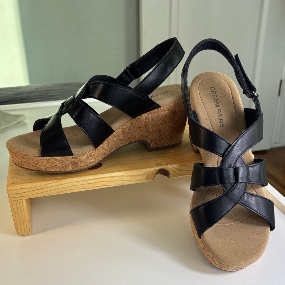 Dream Pairs Black Wedge Sandals 2.95" Cork Platform Adjustable Straps Size 10
